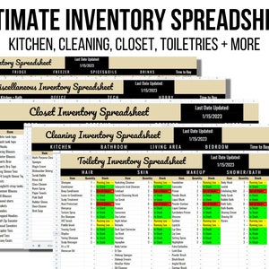 Ultimate Inventory Spreadsheet, Pantry Inventory List, Closet Inventory List, Toiletry Inventory Spreadsheet, Cleaning Inventory List