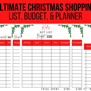 Christmas Shopping List, Holiday Planner, Digital Christmas Gift Tracker, Gift Budget Planner, Christmas Gift List, Christmas To Do List