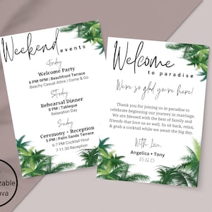 Tropical Greenery Wedding Welcome Letter, Destination Wedding Timeline & Itinerary, Destination Wedding Welcome Bag Note, Wedding Timeline