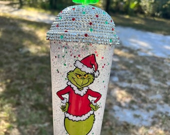 Gobelet boule à neige Grinch 20 oz avec couvercle en forme de dôme en strass