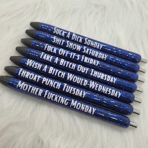 Beaux stylos bleus Jours de la semaine, mots choisis, gros mots, lot de 7 stylos.