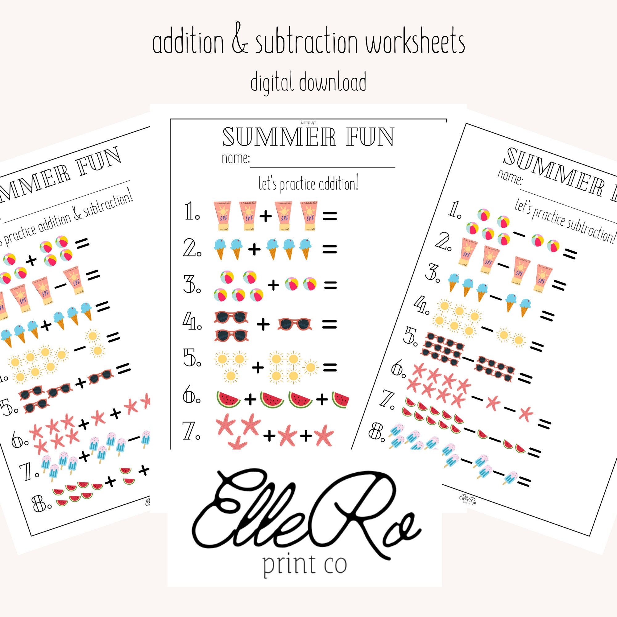 summer fun math worksheets addition subtraction etsy