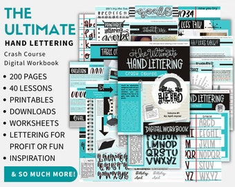 Learn To Hand Letter, The Ultimate Hand Lettering Digital Workbook, 200 Pages, Digital Hand-Lettering PDF, Printables, Downloads, Worksheets