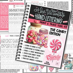 Learn To Hand Letter, The Ultimate Hand Lettering Digital Print & Trace Workbook, 224 Pages PDF, Printables Worksheets Candy Themed Fun