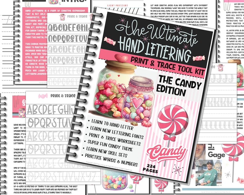 Learn To Hand Letter, The Ultimate Hand Lettering Digital Print & Trace Workbook, 224 Pages PDF, Printables Worksheets Candy Themed Fun image 1