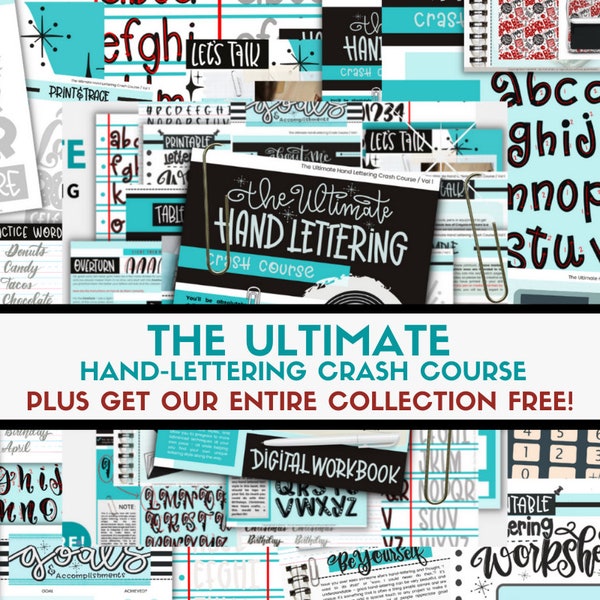 Handlettering lernen | Das ultimative digitale Crashkurs-Arbeitsbuch plus unsere gesamte Sammlung von 47 zusätzlichen E-Books, 1.220 Dateien + MEHR KOSTENLOS