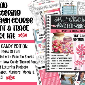 Learn To Hand Letter, The Ultimate Hand Lettering Digital Print & Trace Workbook, 224 Pages PDF, Printables Worksheets Candy Themed Fun image 3