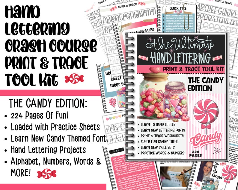 Learn To Hand Letter, The Ultimate Hand Lettering Digital Print & Trace Workbook, 224 Pages PDF, Printables Worksheets Candy Themed Fun image 3