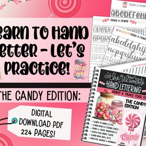 Learn To Hand Letter, The Ultimate Hand Lettering Digital Print & Trace Workbook, 224 Pages PDF, Printables Worksheets Candy Themed Fun image 2