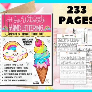 Learn To Hand Letter, The Ultimate Hand Lettering Digital Print & Trace Workbook, 233 Pages PDF, Printables Worksheets Sugar Themed Fun
