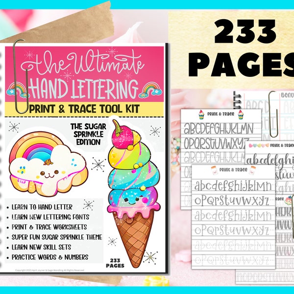 Learn To Hand Letter, The Ultimate Hand Lettering Digital Print & Trace Workbook, 233 Pages PDF, Printables Worksheets Sugar Themed Fun