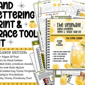 Learn To Hand Letter, The Ultimate Hand Lettering Digital Print & Trace Workbook, 180 Pages PDF, Printables with Lemon Theme, Procreate, Fun