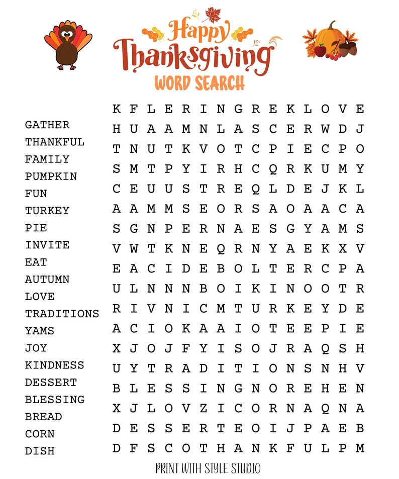 Printable Thanksgiving Word Search Ready to Print - Etsy