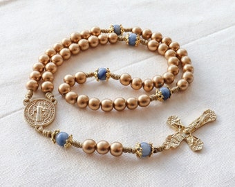 Gold and Blue Aventurine St. Benedict Stone Rosary with Trinity Crucifix | Paracord Catholic Rosary