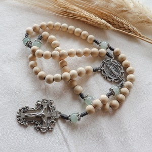Miraculous Medal Green Aventurine and Cream Wood Rosary with Ornate Crucifix | Silver Italian Crucifix and Center | Paracord Catholic Rosary
