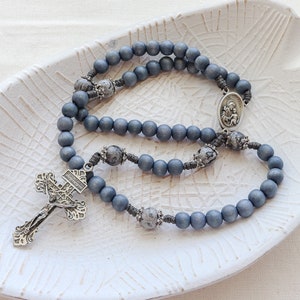Saint Joseph Rosary with Gray Wood and Stone | Silver Italian Crucifix and Center | Paracord Catholic Rosary