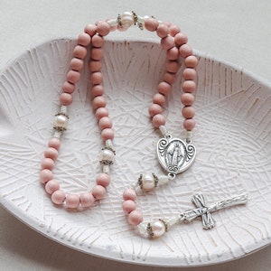 Freshwater Pearl Rosary | Pink Wood Beads, Miraculous Medal, Silver Tone Crucifix and Center
