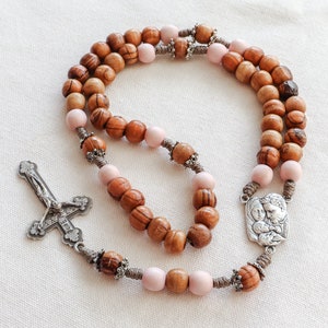 Holy Family with Holy Land Olive Wood and Pink Wood Beads | Silver Italian Crucifix and Center | Paracord Catholic Rosary
