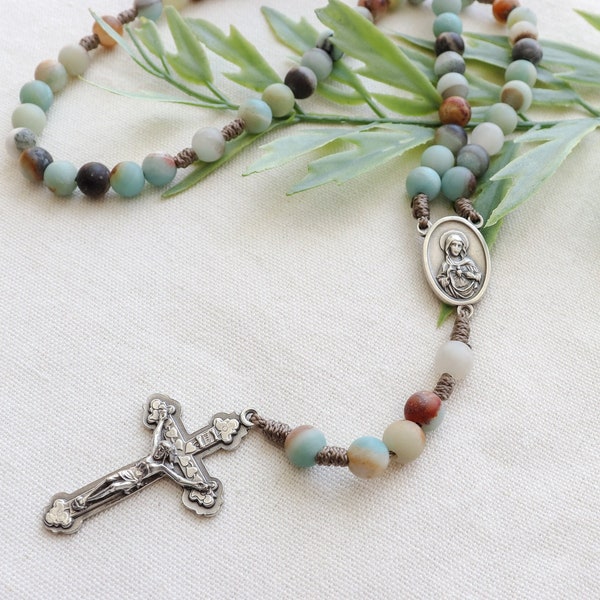 Amazonite Stone Rosary | Immaculate Heart of Mary and Sacred Heart of Jesus | Silver Italian Crucifix and Center | Paracord Catholic Rosary