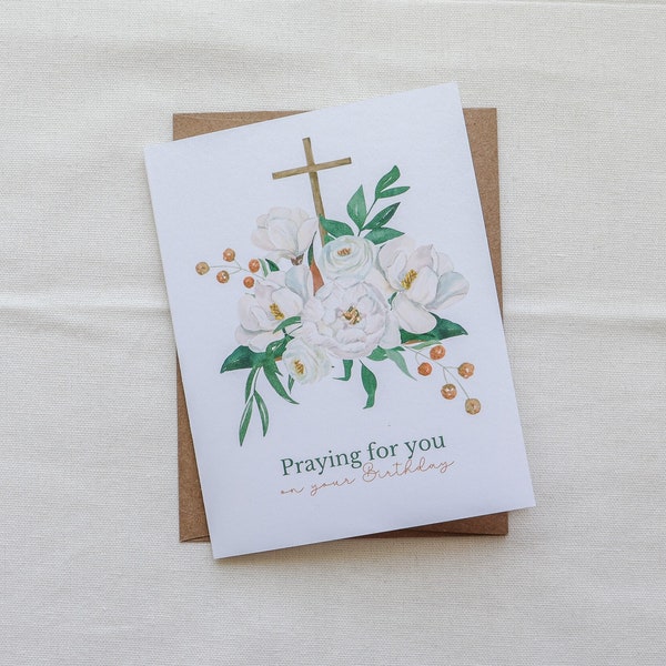 Birthday Card, White Floral Card, Catholic Birthday Card, Praying for You Card, Prayer Card - Catholic Greeting Card - Physical Card