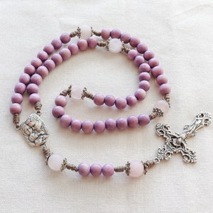 Holy Family Rosary with Purple Wood and Rose Quartz Beads | Silver Italian Crucifix and Center | Paracord Catholic Rosary