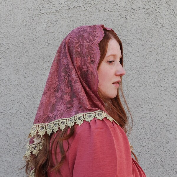 Lace Triangle Chapel Veil in Mauve Pink and Gold Lace Trim | Ready to Ship | Handmade Catholic Veil