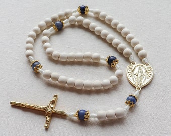 White Bridal Gift with Something Blue Stone Beads and Hammered Crucifix | Gold Tone Rosary with White Beads | Paracord Catholic Rosary