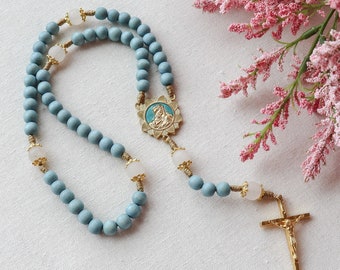 Madonna and Child Rosary with Blue Wood and White Jade Stone Beads | Gold Tone Rosary | Paracord Catholic Rosary