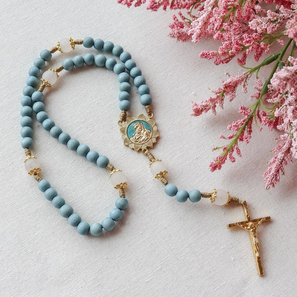 Madonna and Child Rosary with Blue Wood and White Jade Stone Beads | Gold Tone Rosary | Paracord Catholic Rosary