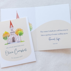 Tarjeta de bautismo personalizada, iglesia de otoño con acuarela, tarjeta de bautismo personalizable, tarjeta de felicitación católica, tarjeta física