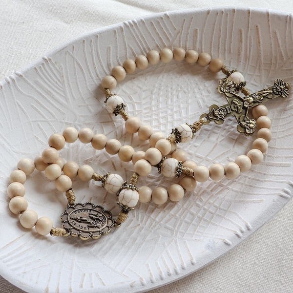 Our Lady of Fatima Cream Wood and Calcutta Stone Bead Rosary with Bronze Italian Trinity Jubilee Crucifix | Paracord Catholic Rosary