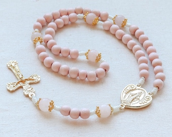 Miraculous Medal Rosary Pink Wood and Gold Italian Crucifix and Center | Paracord Catholic Handmade Rosary