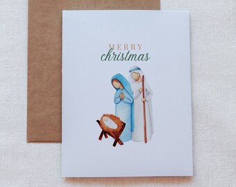 Watercolor Nativity Scene Christmas Card, Merry Christmas, Blank Inside Notecard - Catholic Christmas Card - Physical Card