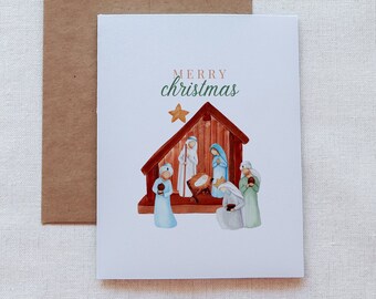 Watercolor Nativity Manger Scene Christmas Card, Merry Christmas, Blank Inside Notecard - Catholic Christmas Card - Physical Card