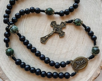 Saint Michael Rosary with Black Wood, African Turquoise Stone and Bronze Tone Italian Crucifix and Center | Paracord Catholic Rosary