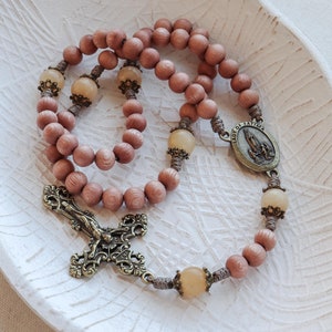 Catholic Rosary with Lady of Fatima, Yellow Jade, and Rosewood | Bronze Italian Crucifix and Center | Paracord Catholic Handmade Rosary