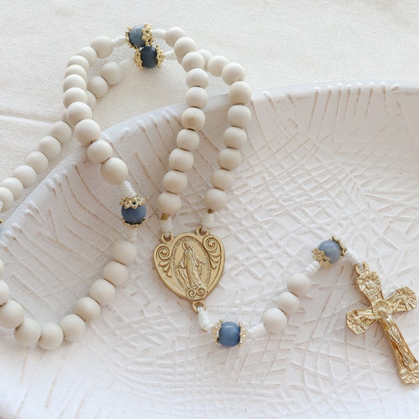 White Bridal Gift with Something Blue Stone Beads | Gold Tone Rosary with White Beads | Paracord Catholic Rosary