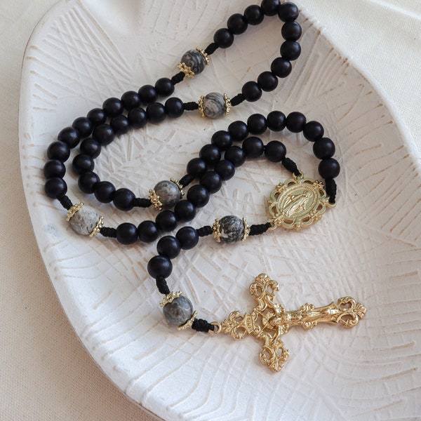 Miraculous Medal Rosary Black Wood and Gold Italian Crucifix and Center | Paracord Catholic Rosary