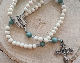 Our Lady of Guadalupe Rosary with White Wood, Blue Wood and Silver Tone Italian Crucifix and Center | Paracord Catholic Rosary