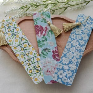 Set of 3 &quot;In Bloom&quot; Double-Sided Catholic Bookmarks with Gold Tassel - Bible Bookmarks - Handmade Bookmark Catholic Gift