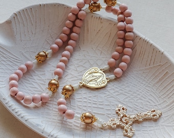 Miraculous Medal Pink and Gold Wood Rosary | Gold Tone Italian Crucifix and Center | Paracord Catholic Rosary