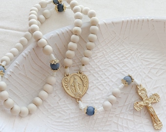 White Bridal Gift with Something Blue Stone Beads | Gold Tone Rosary with White Beads | Paracord Catholic Rosary