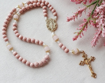 Miraculous Medal Rosary Pink Wood and Gold Starburst Italian Crucifix and Center | Paracord Catholic Rosary