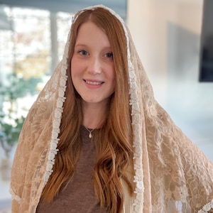 Lace Mantilla Chapel Veil Shawl Wrap in Peach Lace with White Floral Lace Trim | Ready to Ship | Handmade Catholic Veil