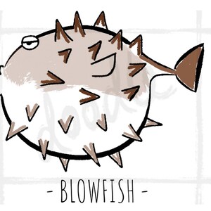 Puede incluir: Ilustración de dibujos animados de un pez globo con cuerpo marrón claro, púas marrones oscuras y aleta caudal marrón. El texto "- BLOWFISH -" está debajo de la imagen, sobre un fondo blanco con una cuadrícula gris claro.