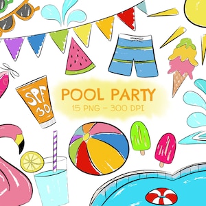 May include: A colorful illustration with the words "POOL PARTY" and various summer-themed elements. Includes sunglasses, a swimsuit, sunscreen, watermelon, beach ball, ice cream, popsicles, and a flamingo.