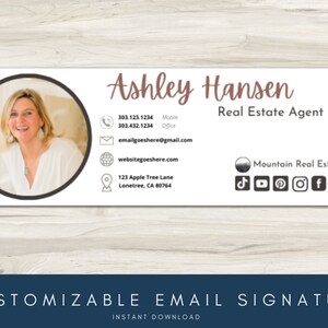 Può includere: Un modello di firma e-mail bianco con una foto di una donna in un cerchio, informazioni di contatto e icone di social media. Il testo recita "Ashley Hansen Agente immobiliare".