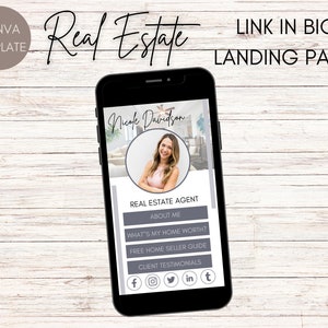 May include: A mobile phone screen displaying a real estate agent's landing page. The page features a photo of the agent, Nicole Davidson, and includes links to learn more about her, get a home valuation, and access a free home seller guide. The page also includes links to the agent's social media profiles.