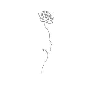 May include: A minimalist line art illustration of a person's profile with a flower atop the head. The artwork is rendered in a single, continuous black line against a white background, creating a simple yet elegant design.