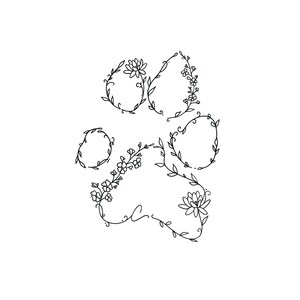 May include: A black and white line drawing of a paw print made of flowers and vines.